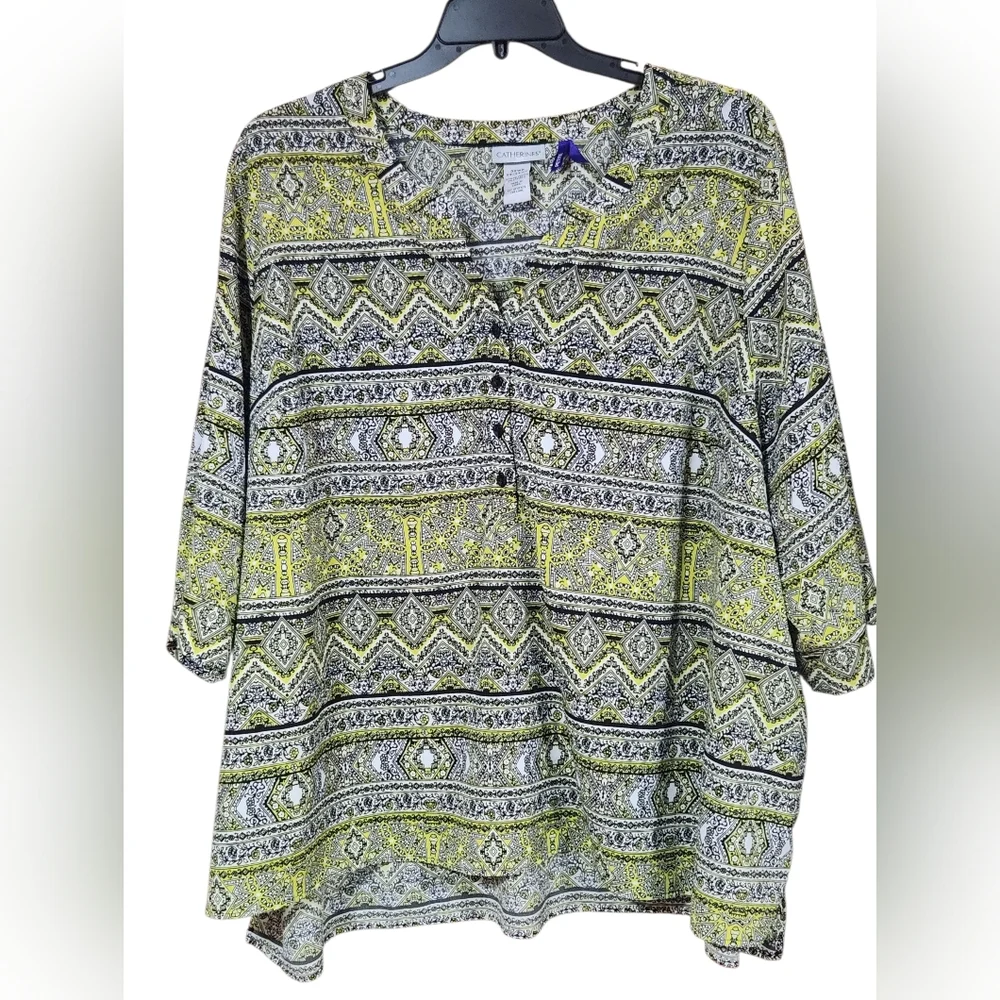 Catherines Yellow and Black Geometric Tunic 3/4 Sleeve. - Picture 1 of 5